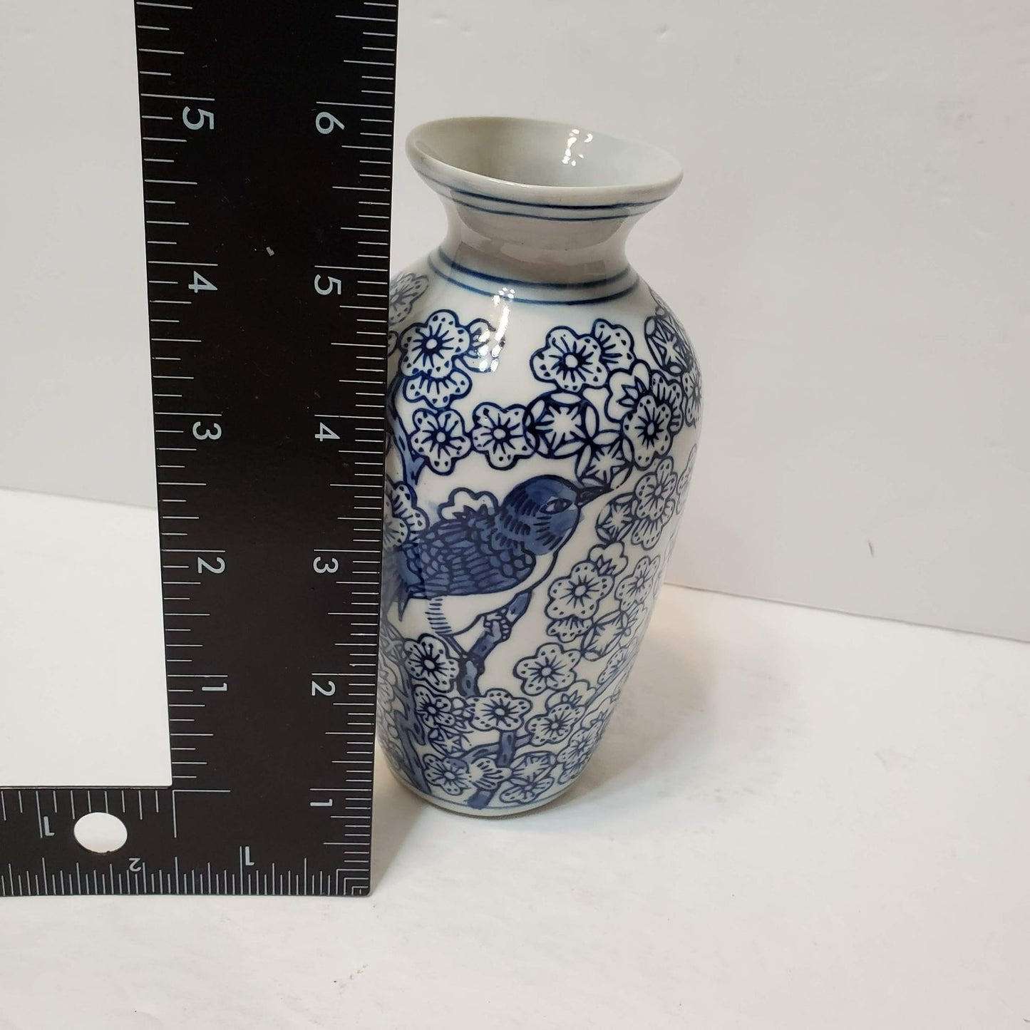 Blue & White Porcelain Vase, Chinoiserie Asian Style Floral Bird 6" Ceramic Vase