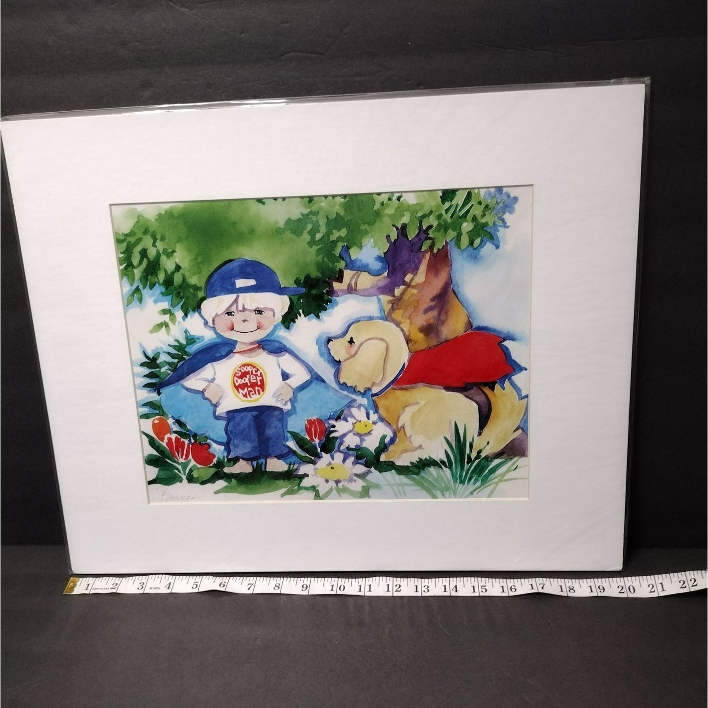Signed Art Print by Diana Barnes, Matted Watercolor Artwork, Superman Boy & Dog