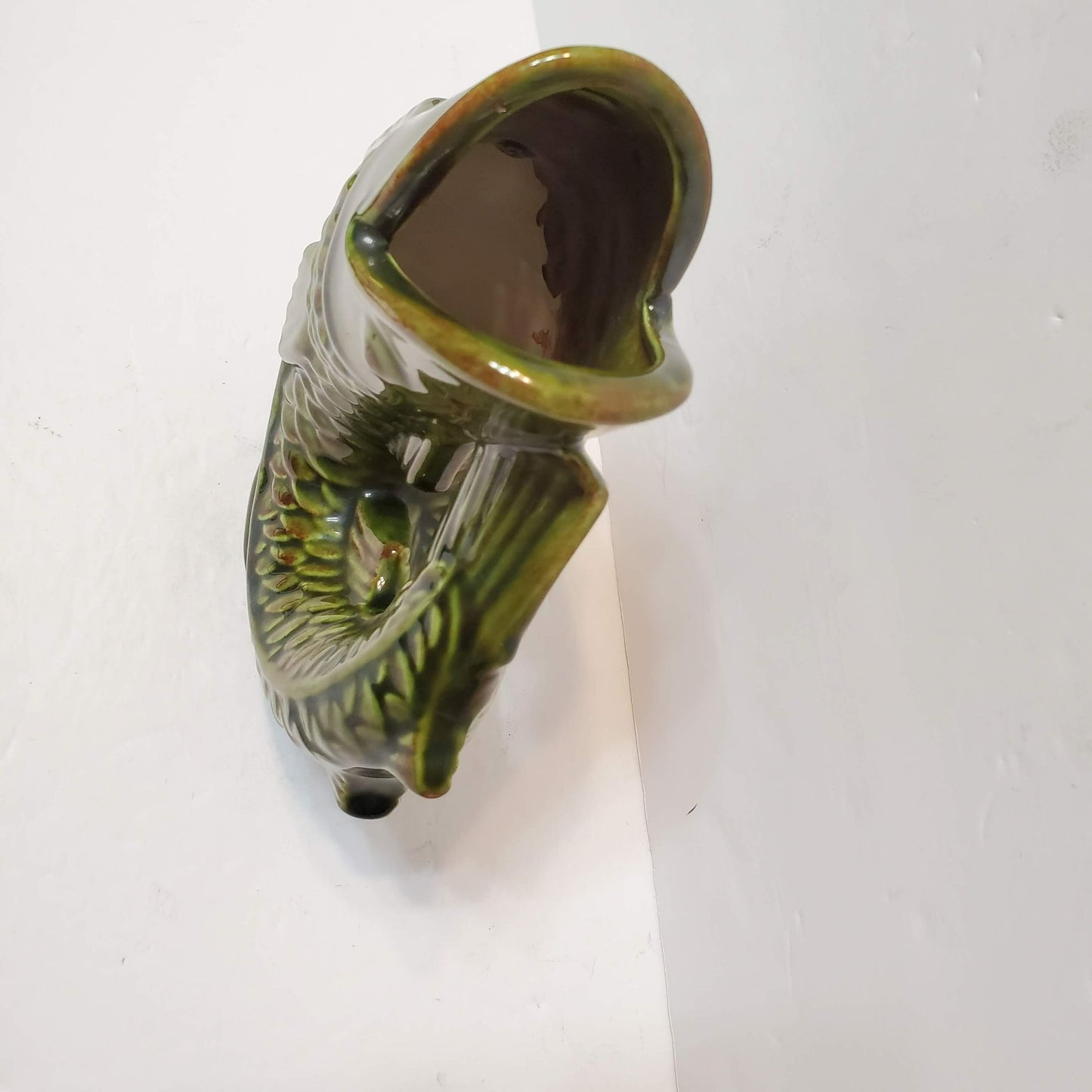 7" Green Glazed Gluggle Jug Gurgling Koi Fish Pitcher Vase Signed DHK Retro 1970s