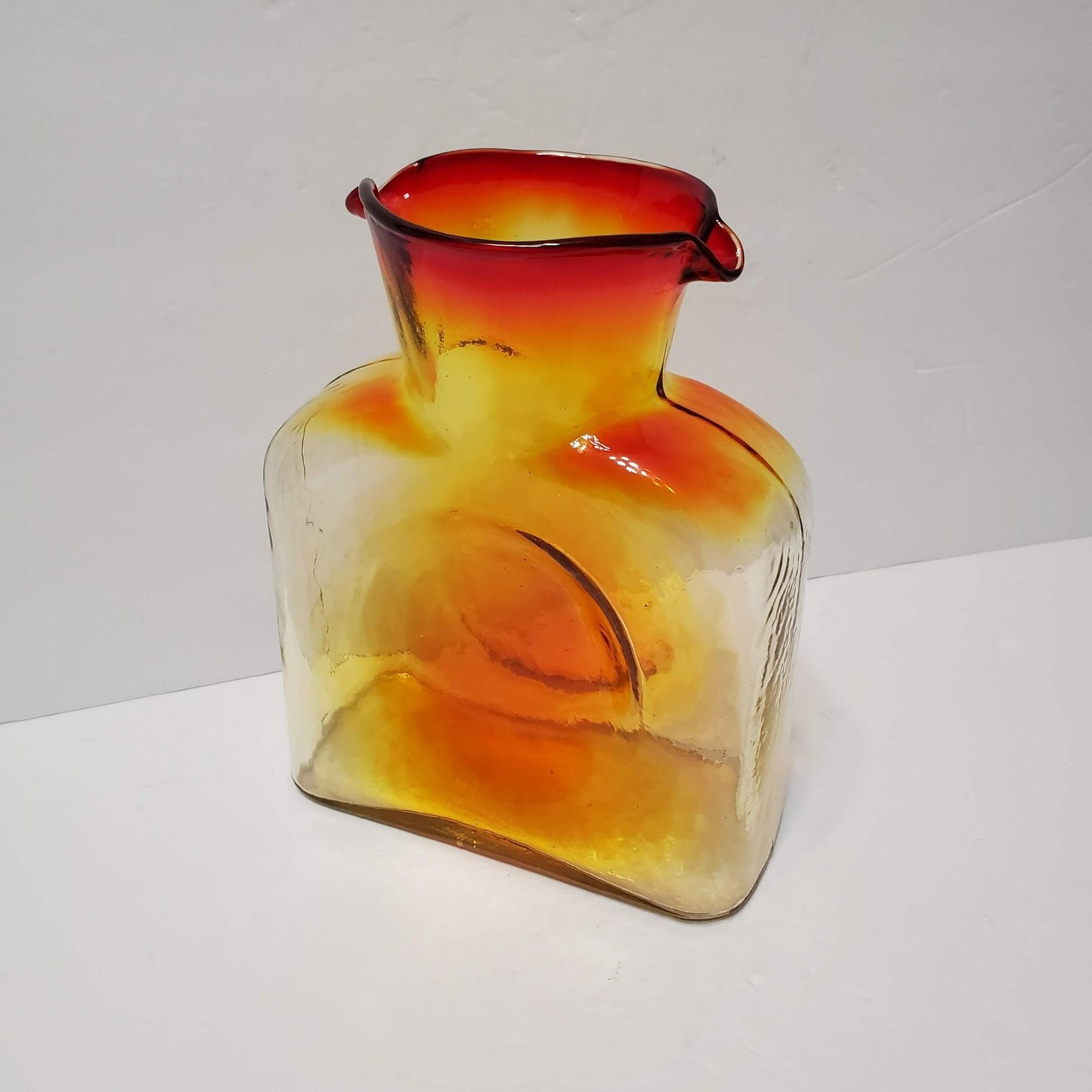 Vintage Blenko 384 Amberina Tangerine Glass Water Bottle Carafe Pitcher, Orange Yellow Art Glass Hand Blown