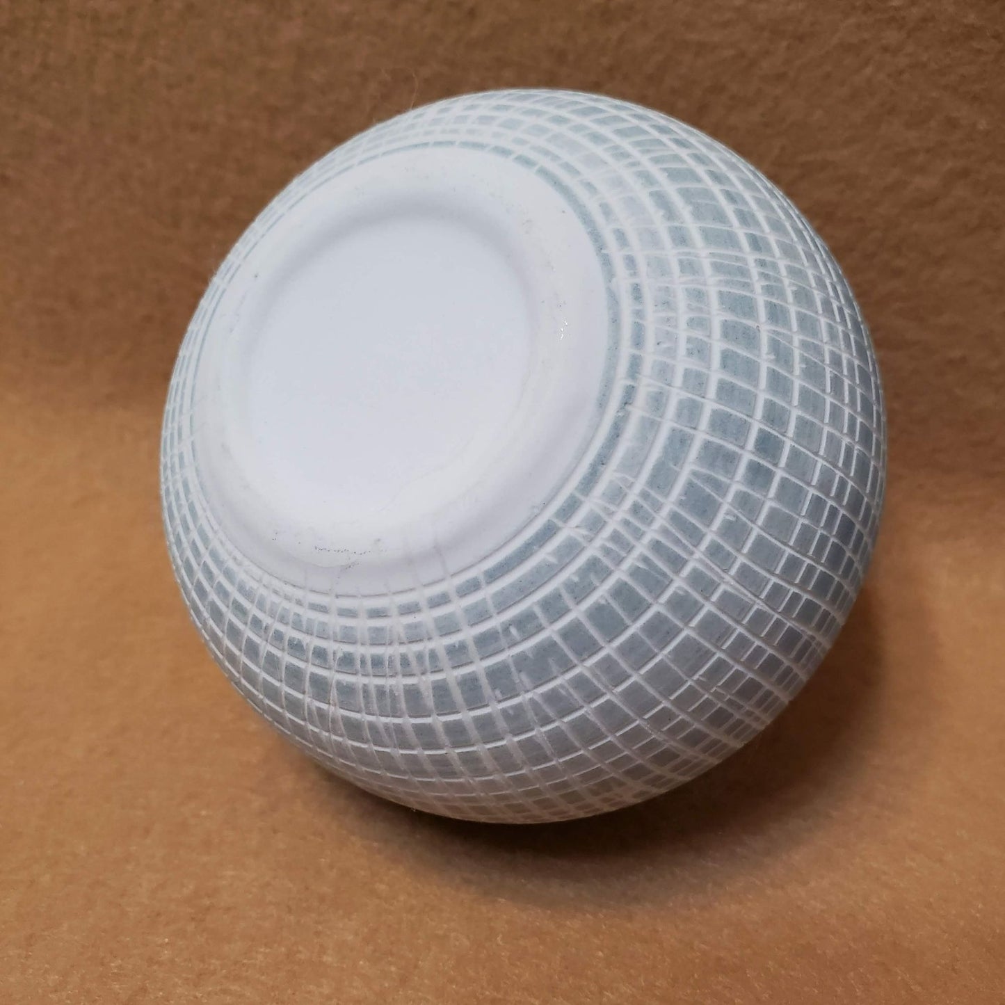 Small Bisque Porcelain Ceramic Bud Vase, Spherical, Engraved Checked Grey Blue