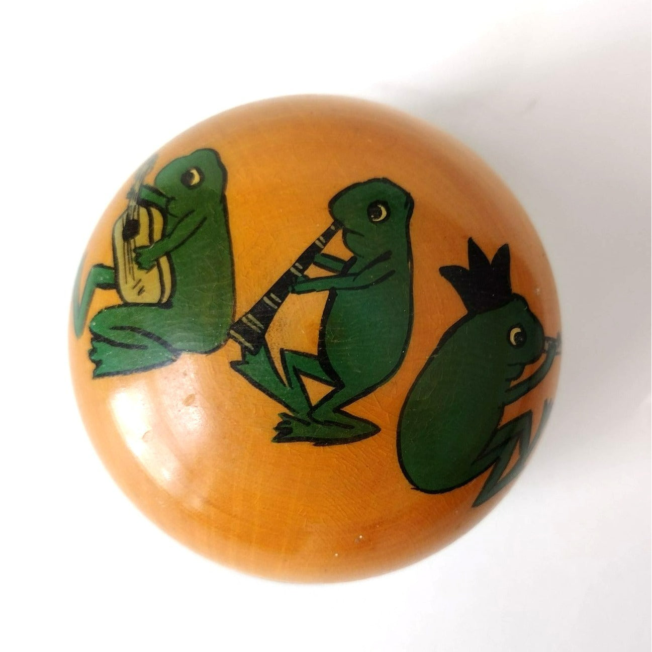 Hand Painted Wooden Frog Trinket Box, 3 Toad Musicians, Green Beige Lidded Jar