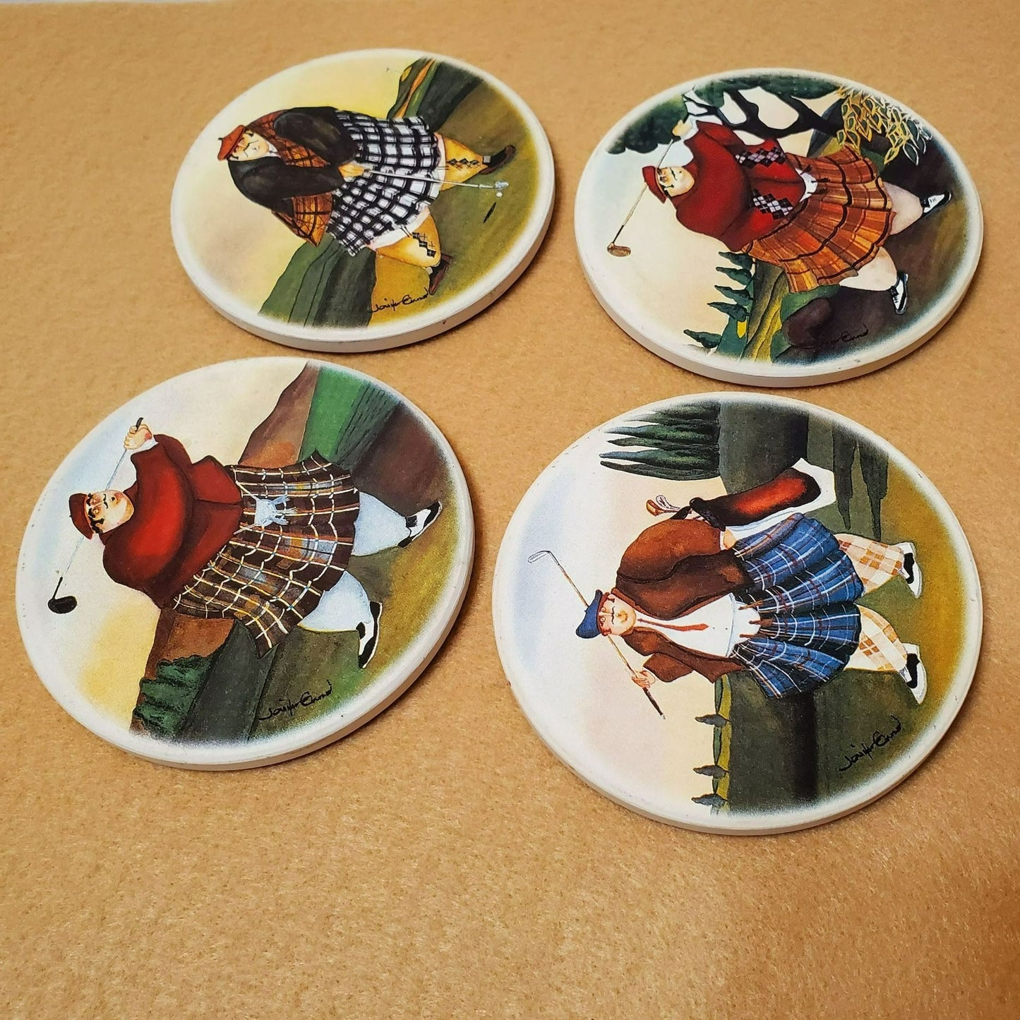 Golf Coasters, Jennifer Garant Ceramic Trivets, Set of 4, Cork Back, Scot Kilts