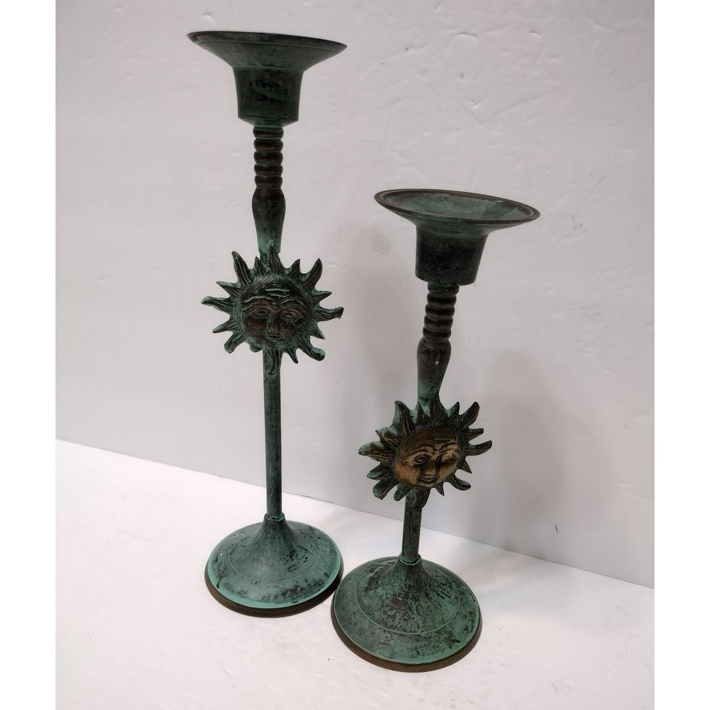 Vintage Sun Candlesticks, Star Celestial Boho, Solid Brass Metal Green Patina