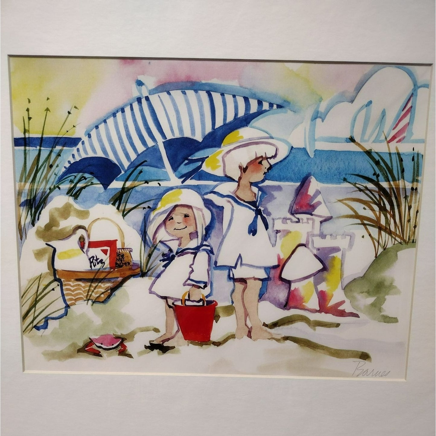 Signed Art Print by Diana Barnes, Matted Watercolor Artwork, Children on Beach