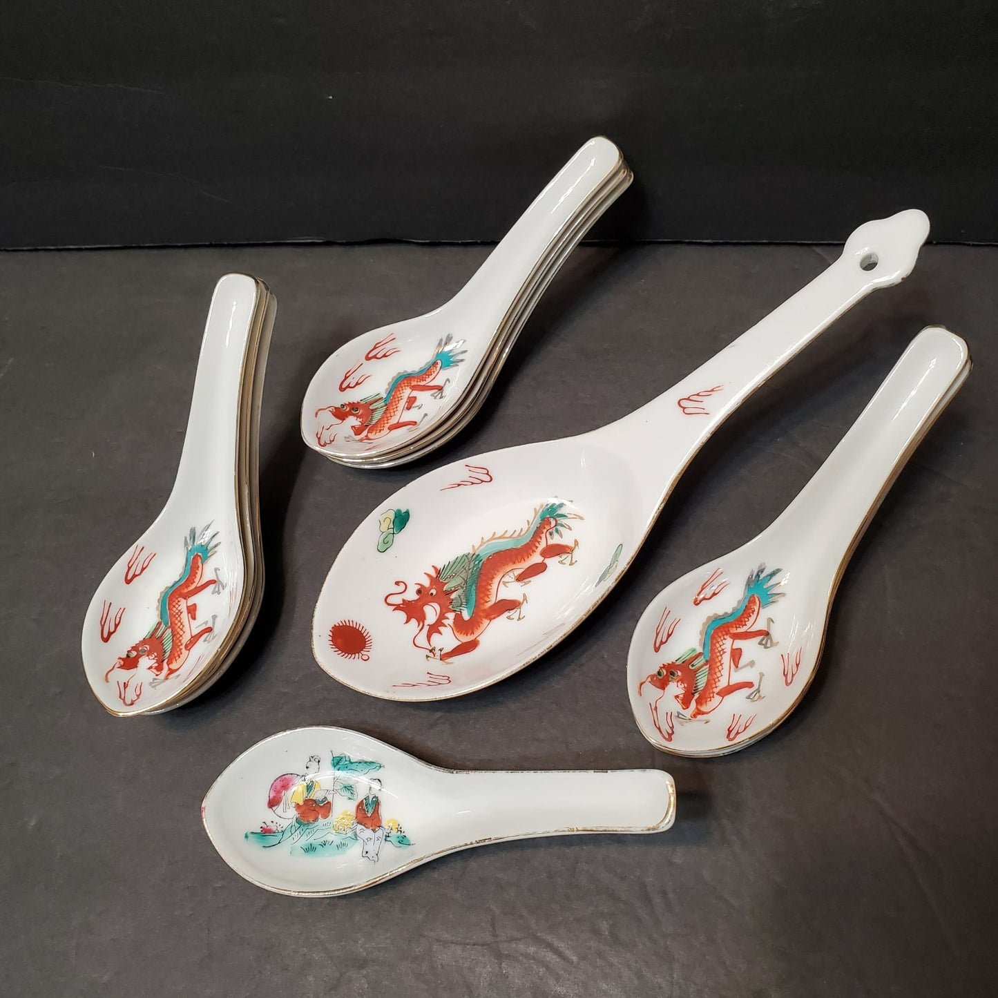 Vintage Asian Japanese Soup Spoons and Server, Set of 11, Red Dragon Gold Edging