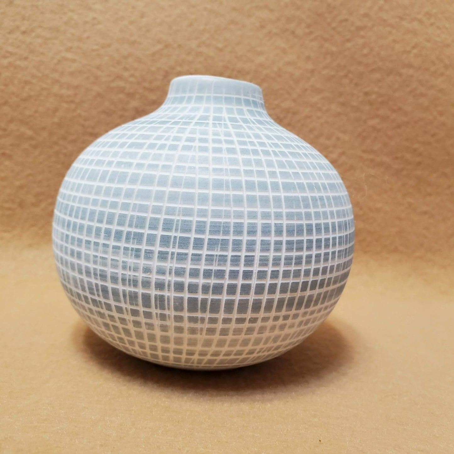 Small Bisque Porcelain Ceramic Bud Vase, Spherical, Engraved Checked Grey Blue