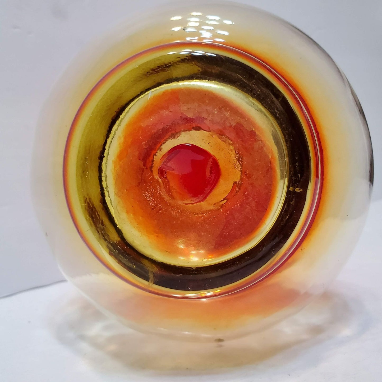 Vintage Blenko Art Glass Hand Blown Amberina Vase, 6" Tall Bulbous Orange Yellow