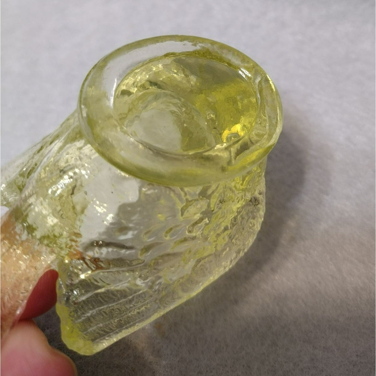 Vintage Glass Salt Cellars, Bird with Berry, Vaseline Yellow & Amber, MCM, Candle Holders, Mid Century Glass