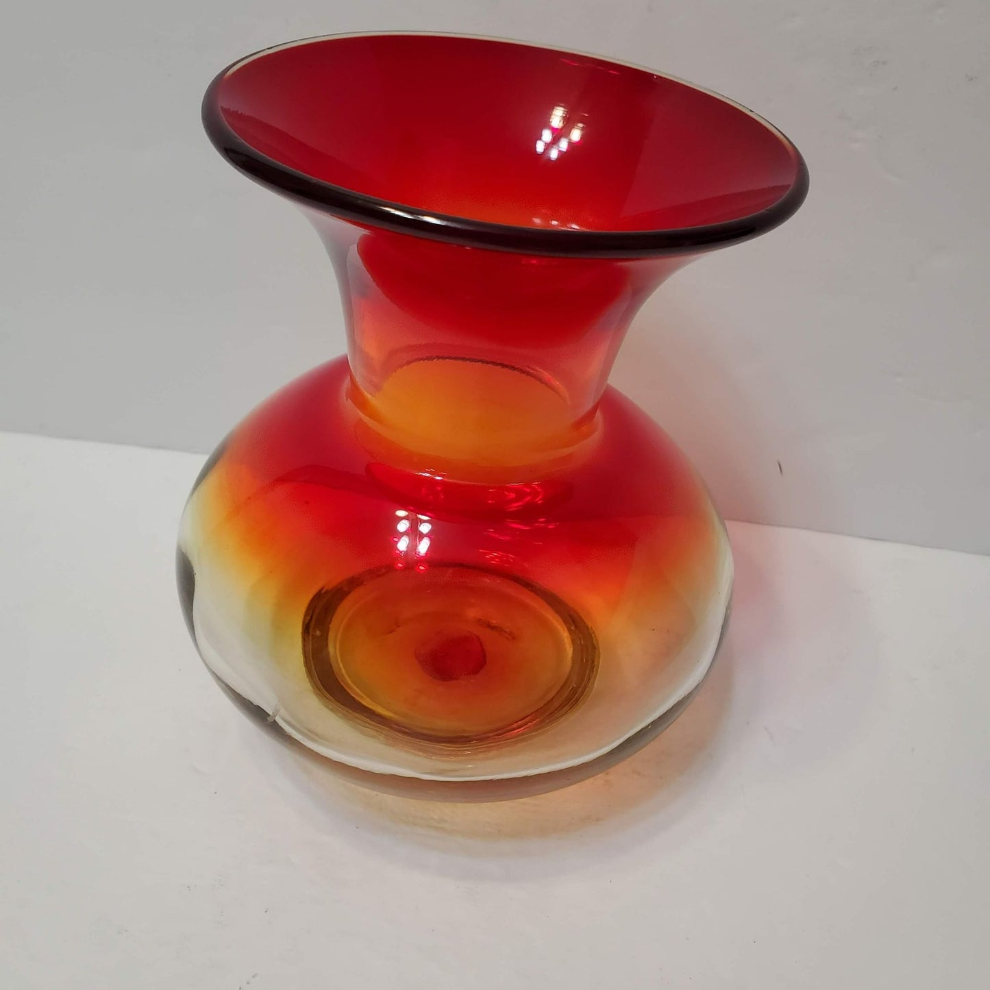 Vintage Blenko Art Glass Hand Blown Amberina Vase, 6" Tall Bulbous Orange Yellow