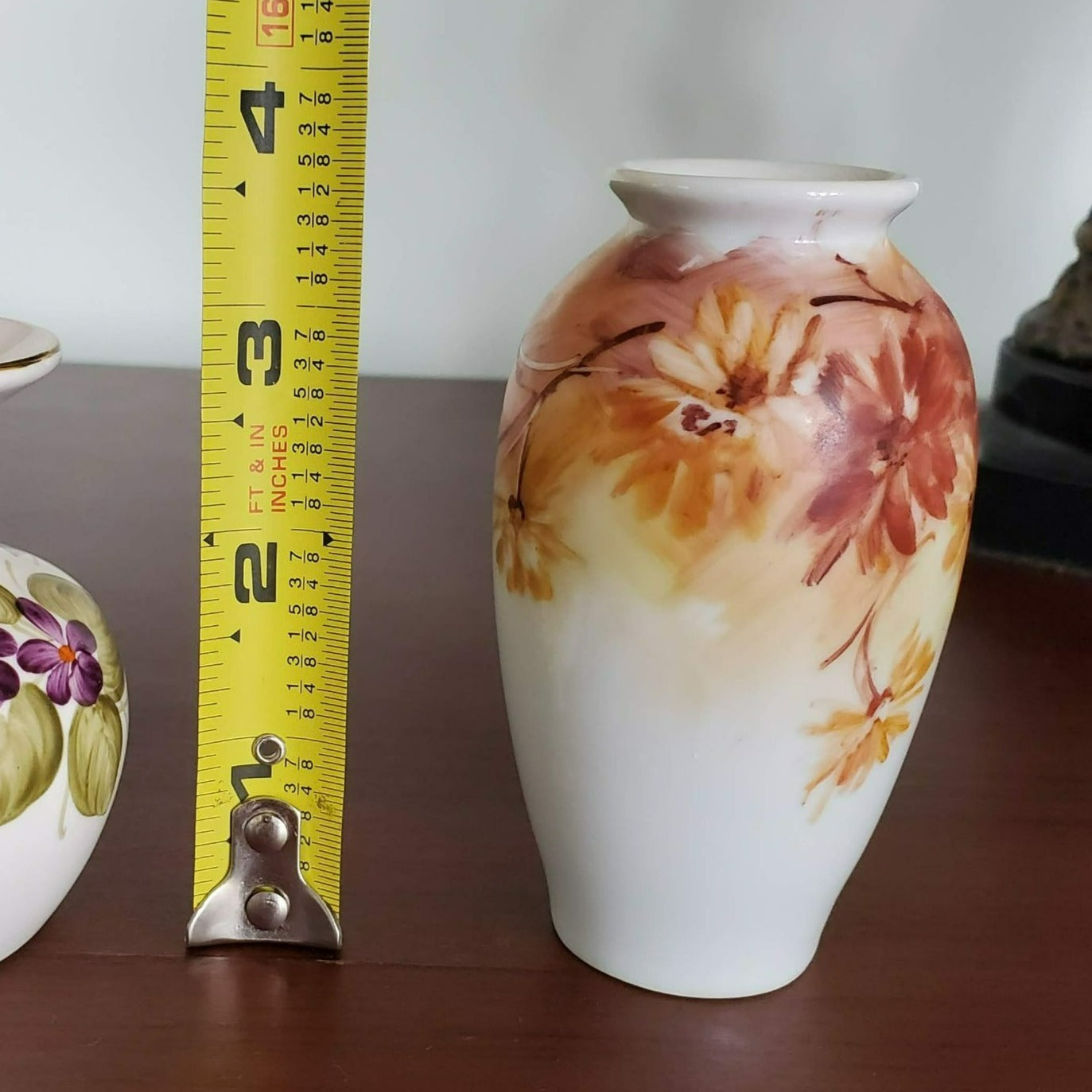 Hand Painted Miniature Porcelain Bud Vase, Signed, Orange Flowers Chrysanthemum