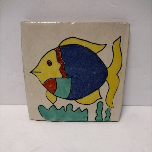 Mexican Folk Art Hand Crafted Art Tile, Ceramic Fish Coastal Yellow Blue Trivet