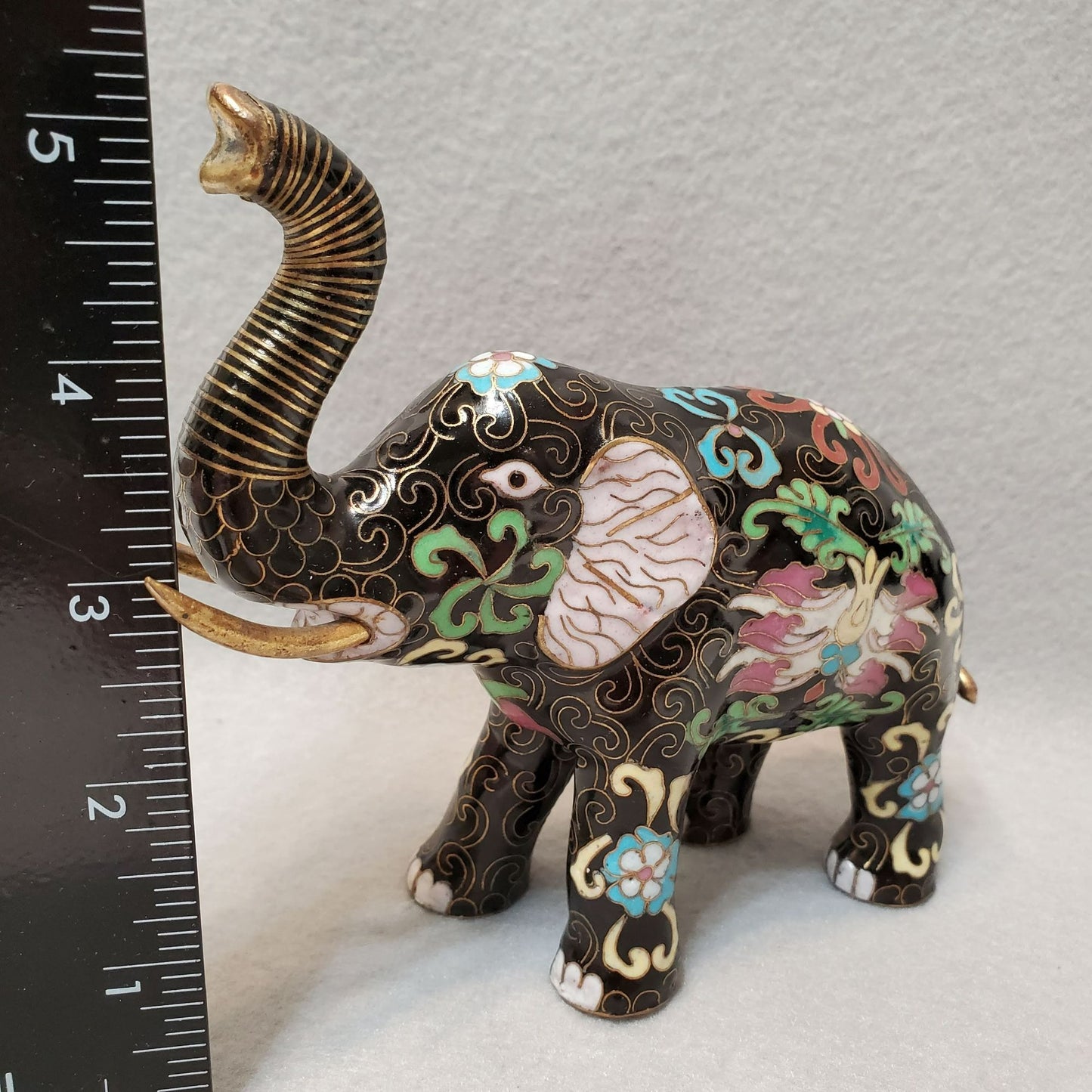 Vintage Cloisonne Elephant Figurine, Enamel, Upraised Trunk Up, Good Luck Statue