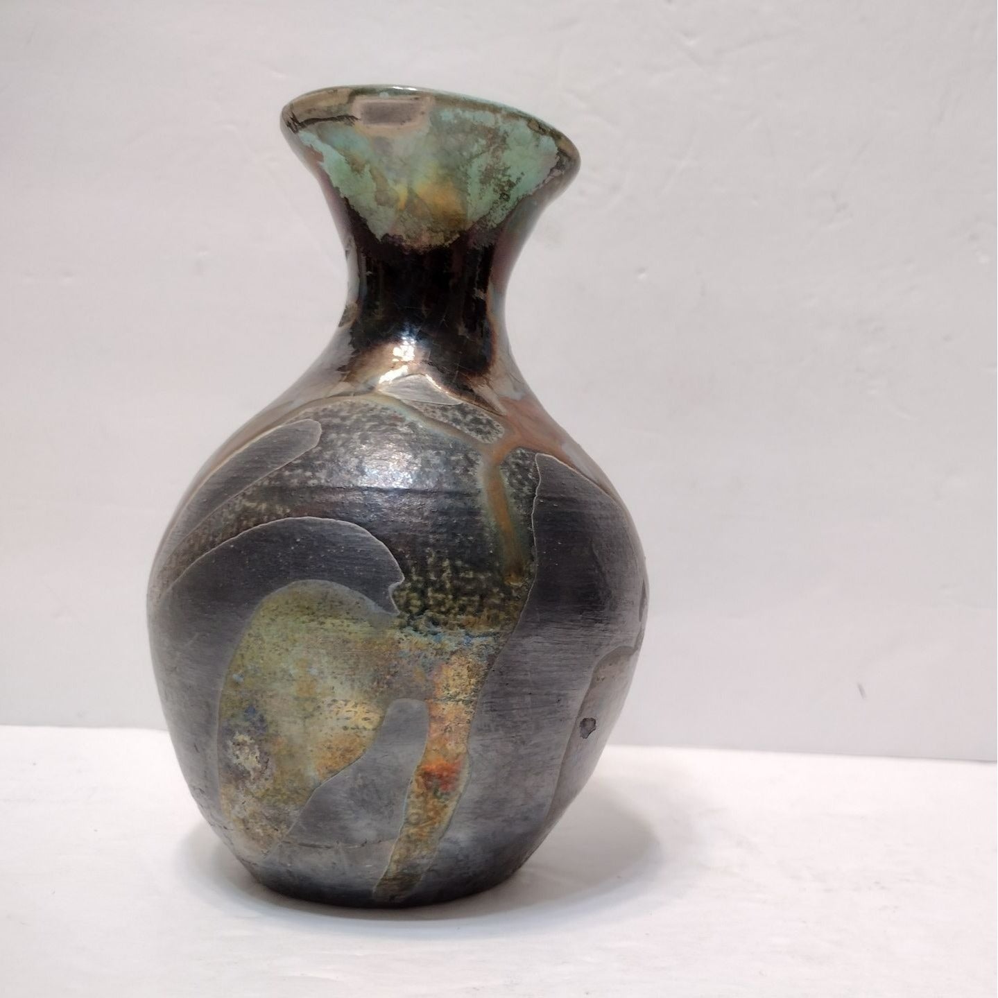 Vintage Raku Pottery Vase signed B Thomas, Black Green Copper Art Studio Pottery