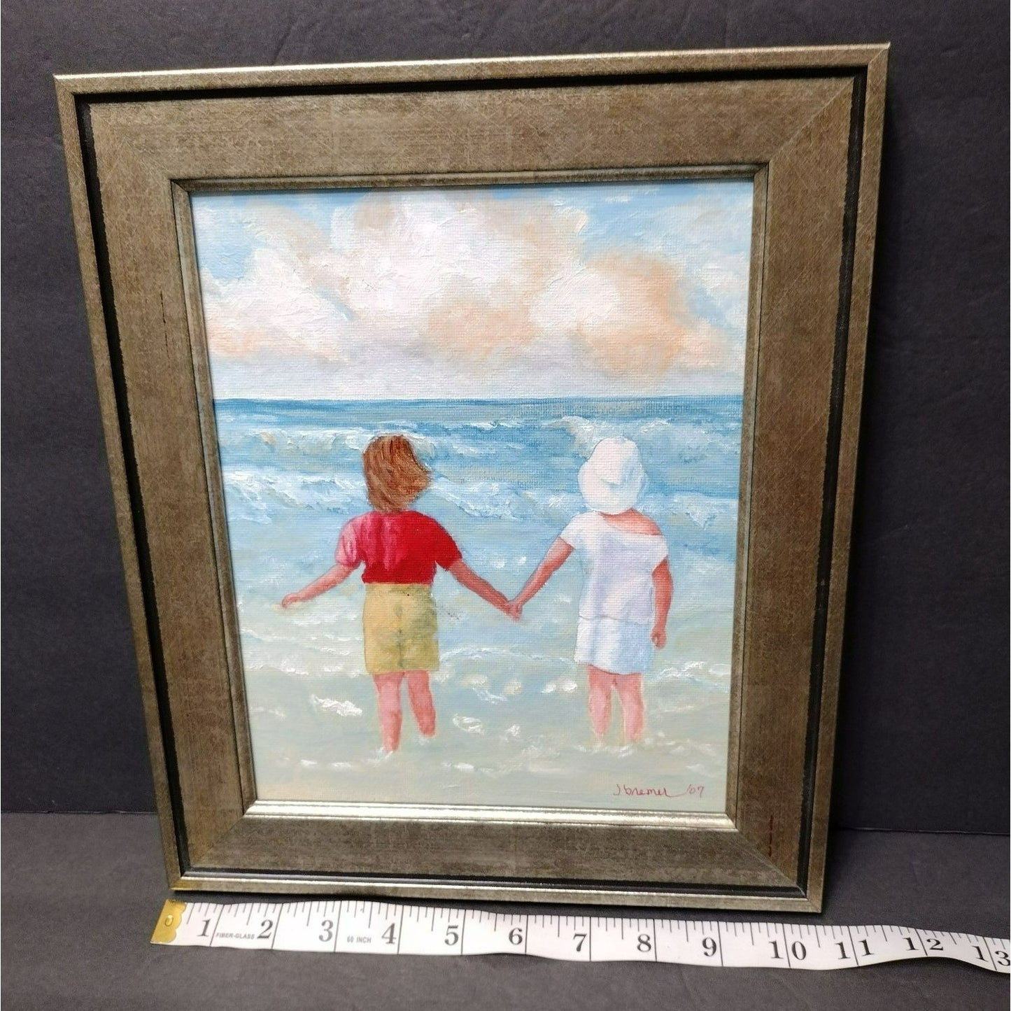 Framed Oil Painting, Signed J Bremer 2007 Girl Friends on Beach Coastal Wall Art