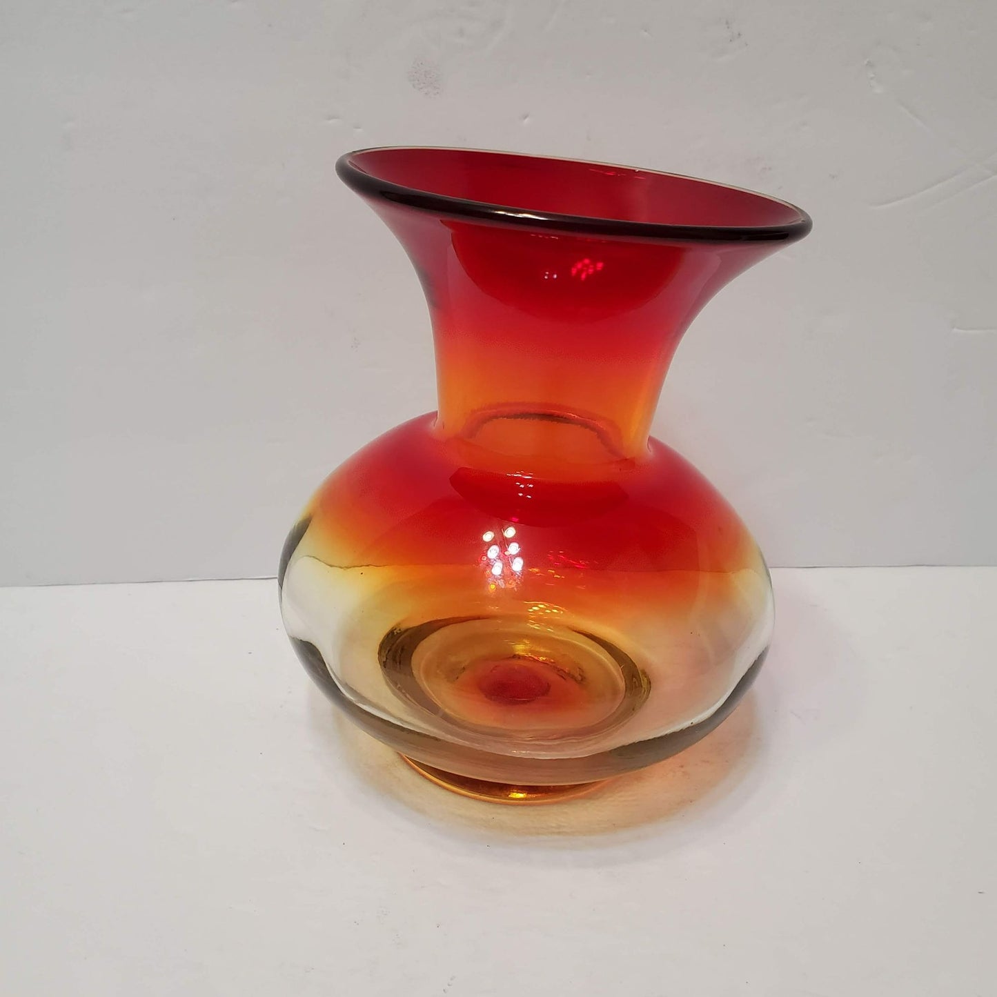 Vintage Blenko Art Glass Hand Blown Amberina Vase, 6" Tall Bulbous Orange Yellow