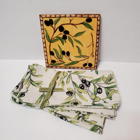 Mediterranean Decor Lot - Hand Crafted Tile Trivet, 4 Cloth Napkins, Olive Print