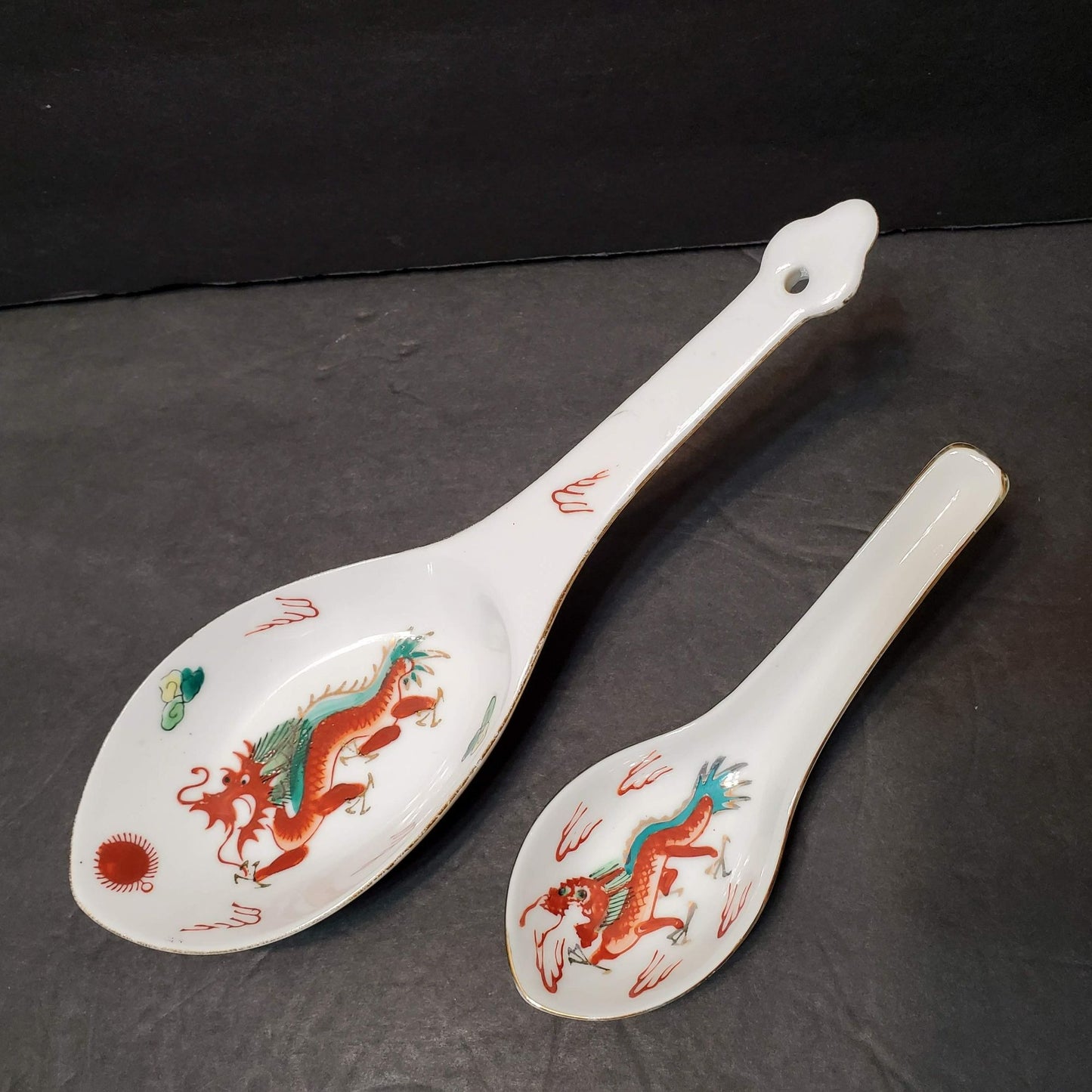 Vintage Asian Japanese Soup Spoons and Server, Set of 11, Red Dragon Gold Edging