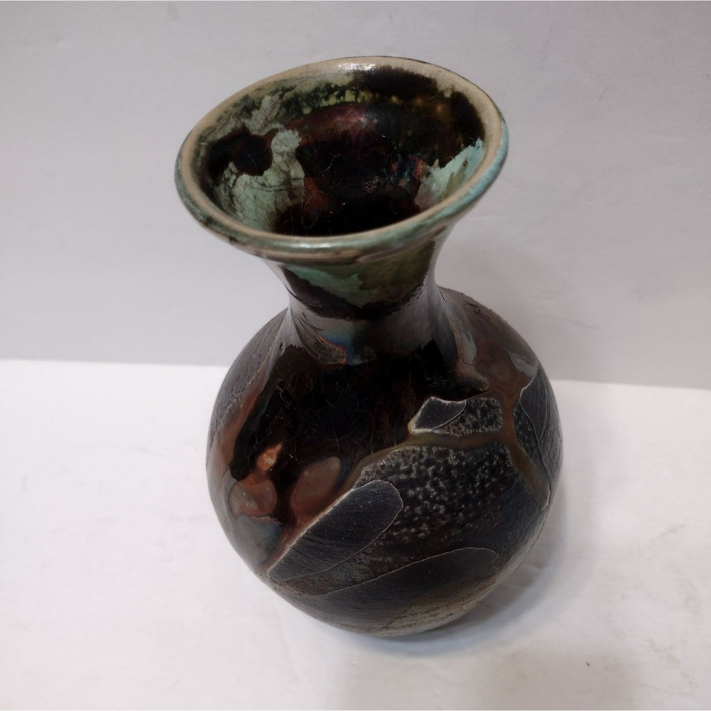 Vintage Raku Pottery Vase signed B Thomas, Black Green Copper Art Studio Pottery