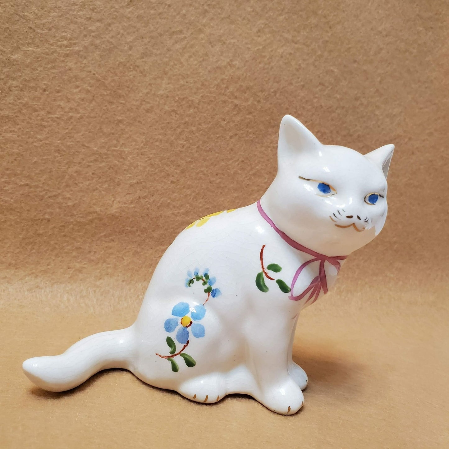 Vintage White Floral Cat Figurine, Pink Bow Hand Painted Flowers Blue Eye Kitten