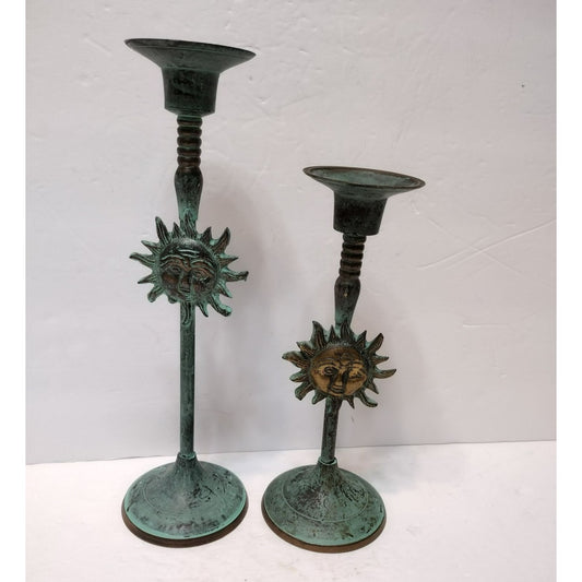 Vintage Sun Candlesticks, Star Celestial Boho, Solid Brass Metal Green Patina