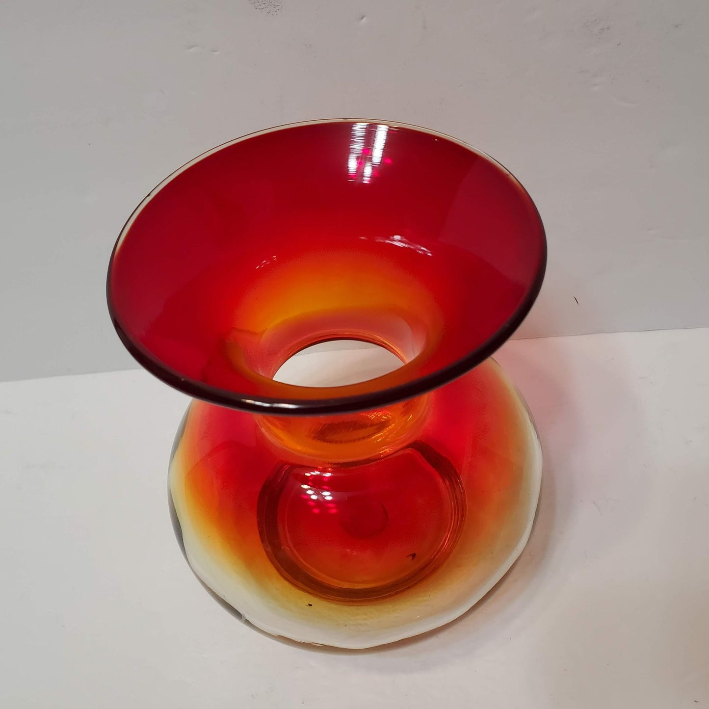 Vintage Blenko Art Glass Hand Blown Amberina Vase, 6" Tall Bulbous Orange Yellow