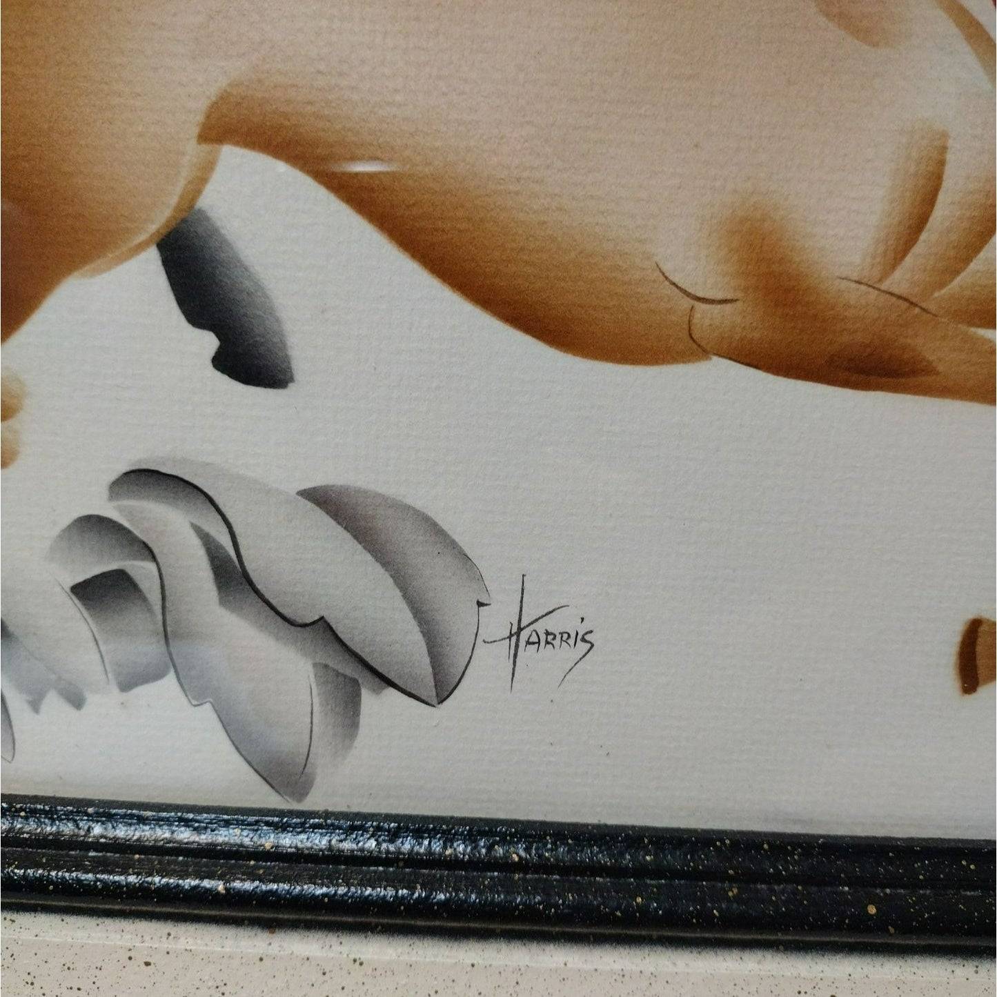 Original Airbrush Painting by American Illustrator Benjamin Jorj Harris, Horses, Signed Framed