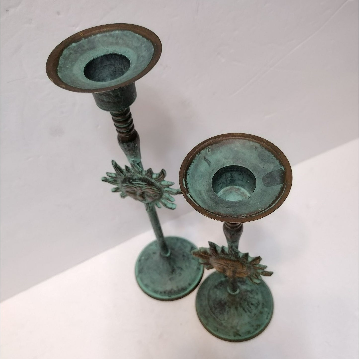 Vintage Sun Candlesticks, Star Celestial Boho, Solid Brass Metal Green Patina