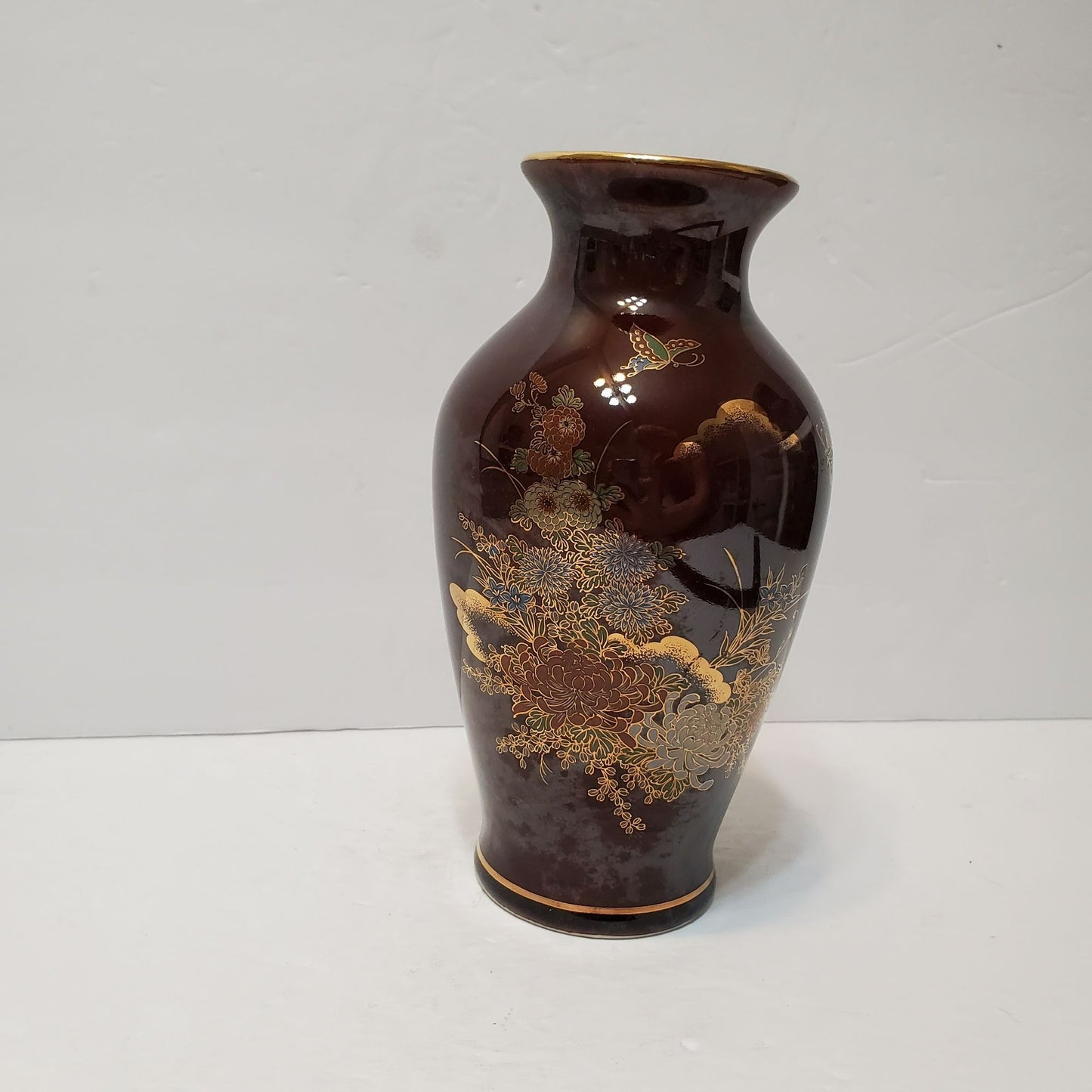 Vintage Brown Asian Japanese Vase, Gold Leaf Flowers Butterflies Chinoiserie Japan Garden 8"