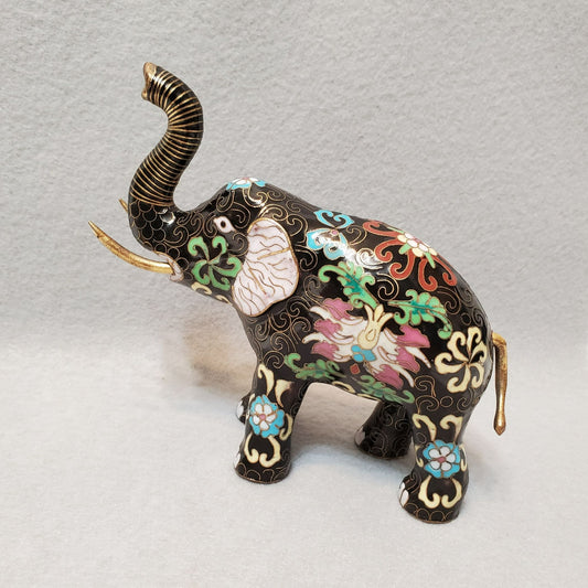 Vintage Cloisonne Elephant Figurine, Enamel, Upraised Trunk Up, Good Luck Statue