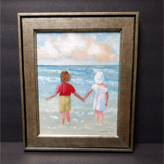 Framed Oil Painting, Signed J Bremer 2007 Girl Friends on Beach Coastal Wall Art