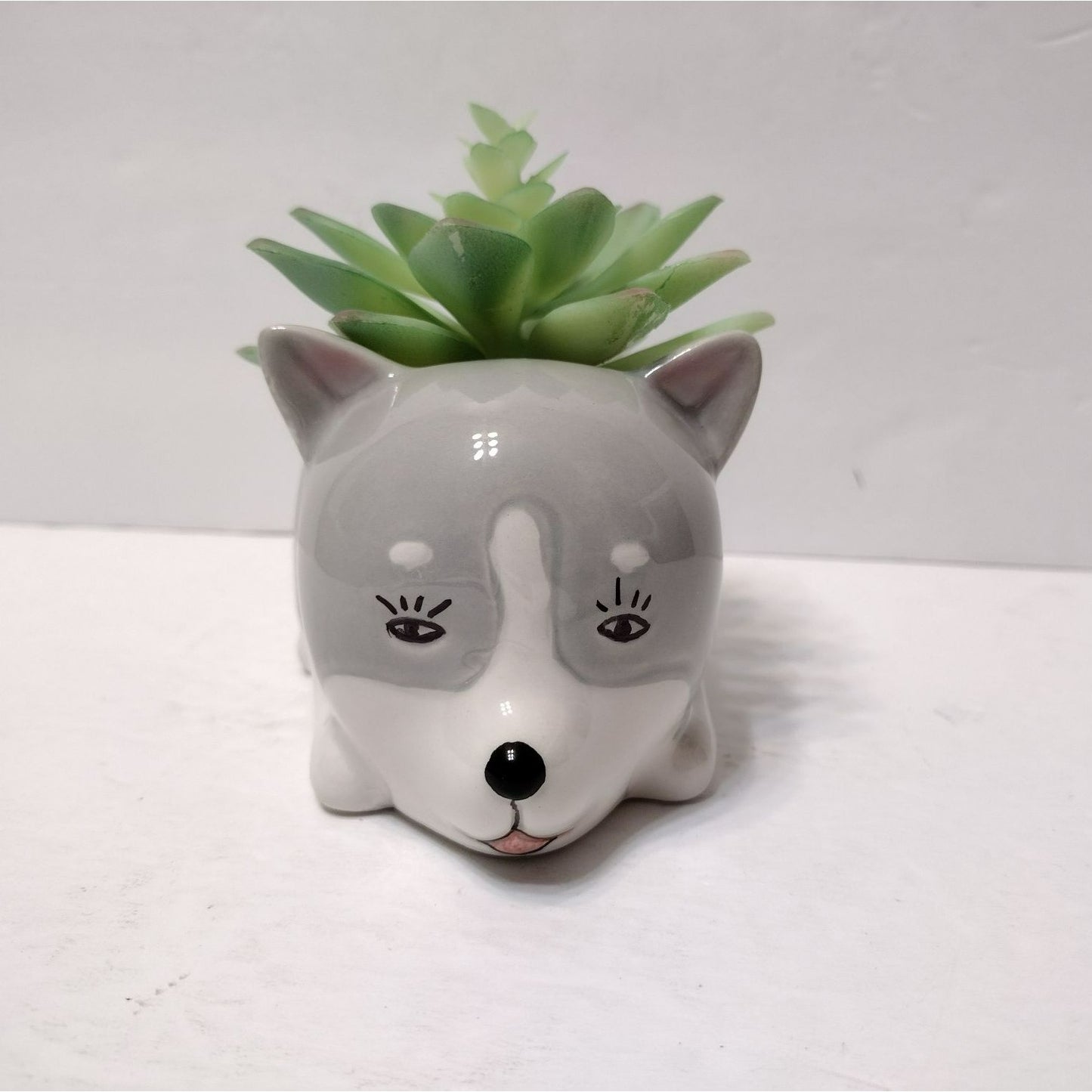 Husky Dog with Faux Plant, Grey Ceramic Puppy Animal Succulent Planter Pot Gift