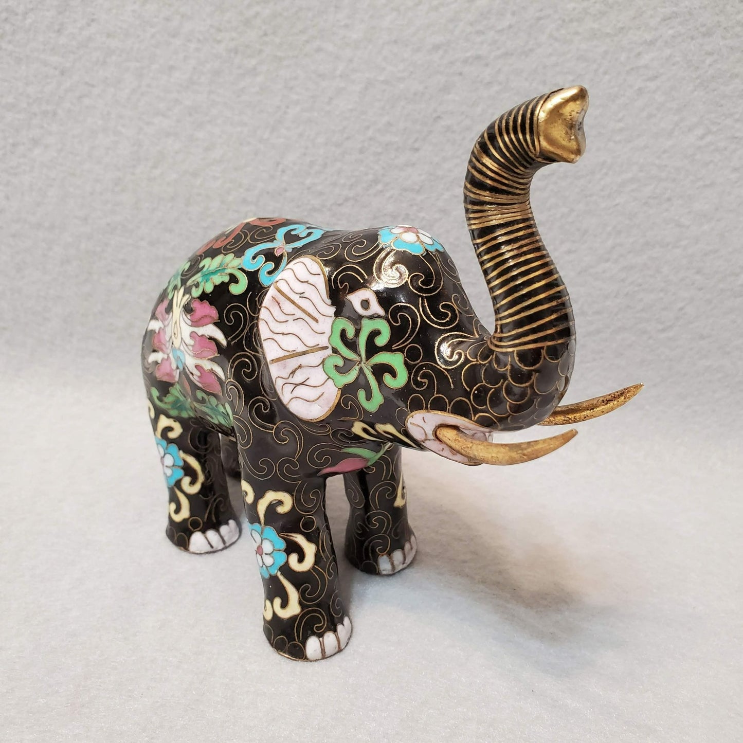 Vintage Cloisonne Elephant Figurine, Enamel, Upraised Trunk Up, Good Luck Statue