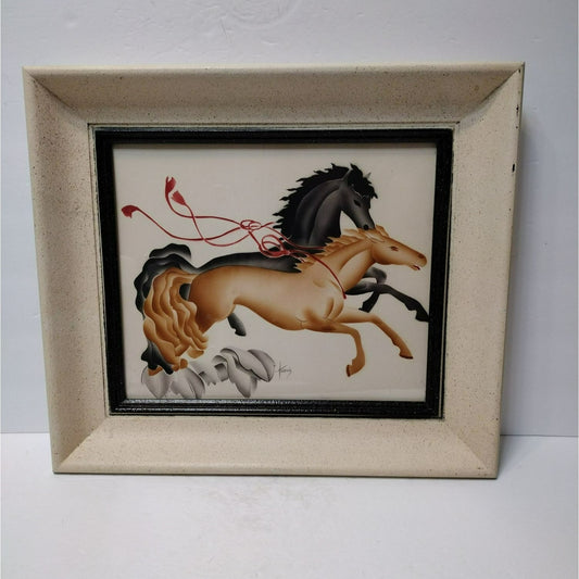 Original Airbrush Painting by American Illustrator Benjamin Jorj Harris, Horses, Signed Framed