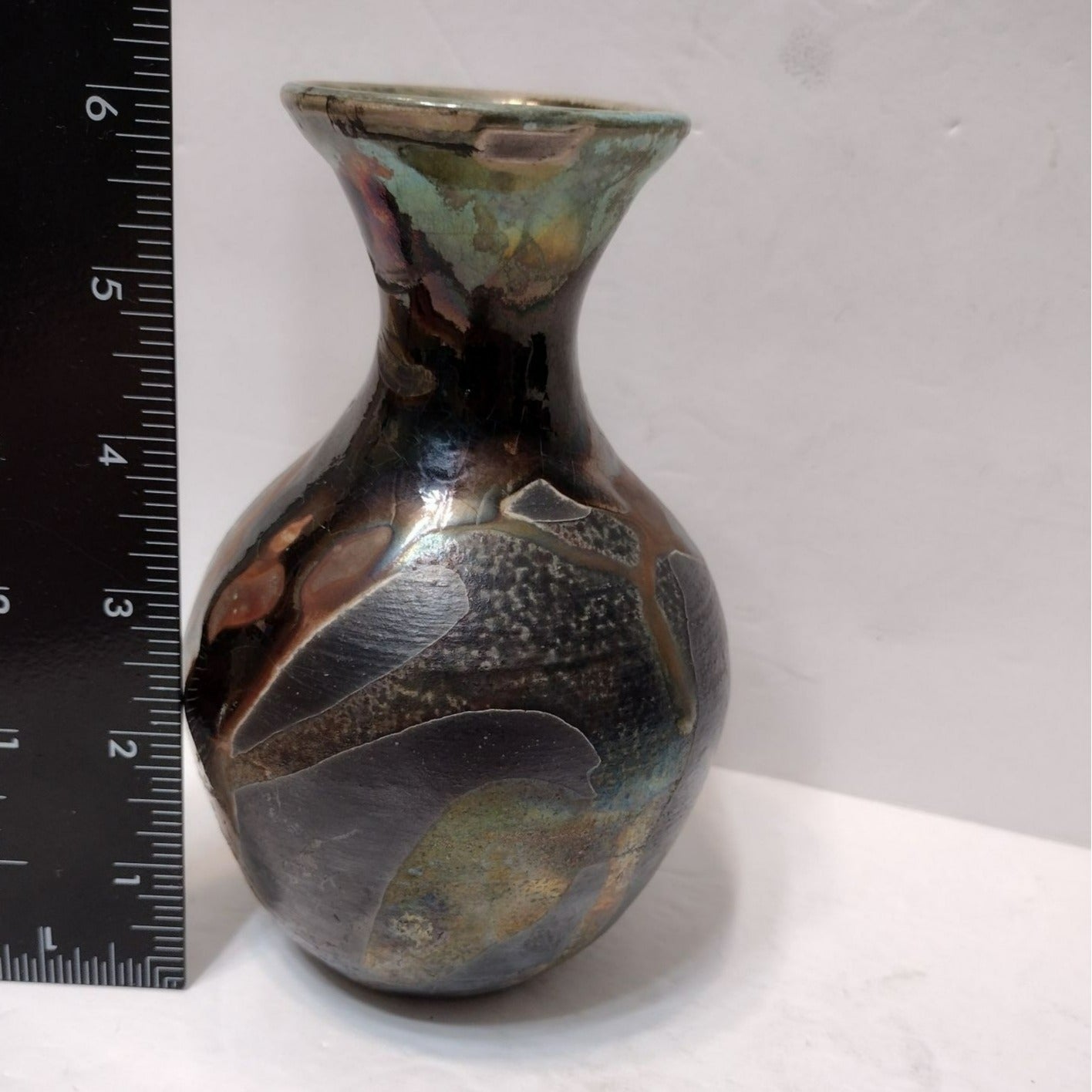 Vintage Raku Pottery Vase signed B Thomas, Black Green Copper Art Studio Pottery