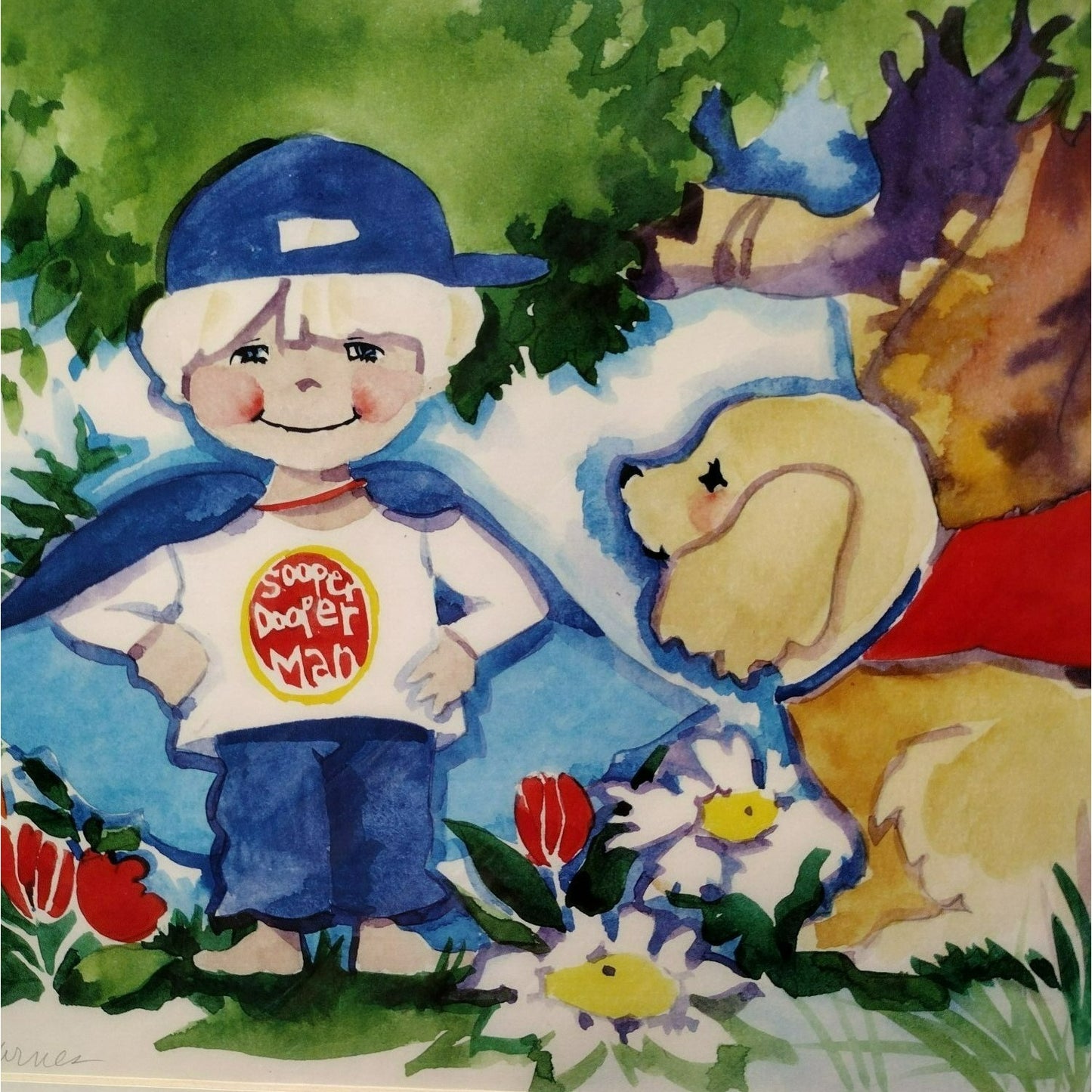 Signed Art Print by Diana Barnes, Matted Watercolor Artwork, Superman Boy & Dog