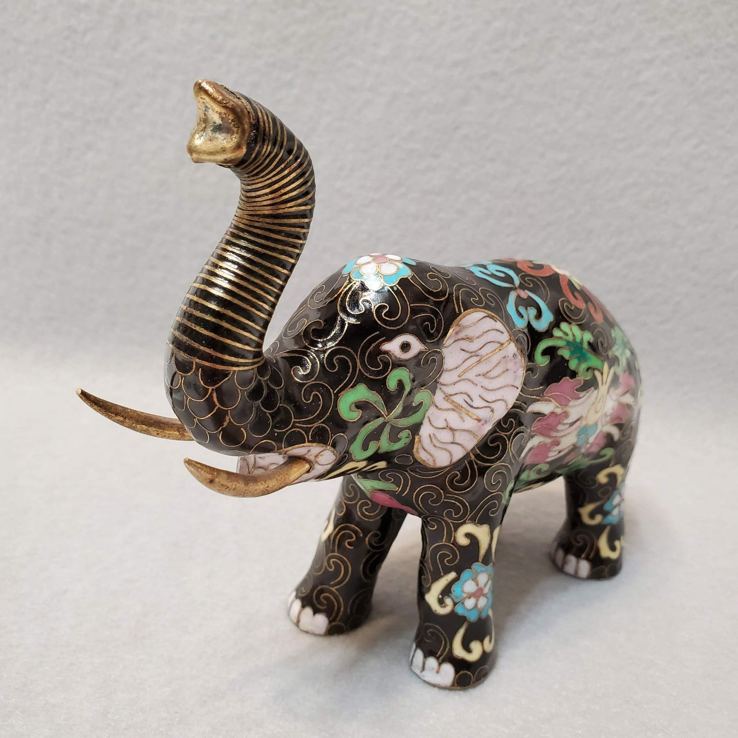 Vintage Cloisonne Elephant Figurine, Enamel, Upraised Trunk Up, Good Luck Statue