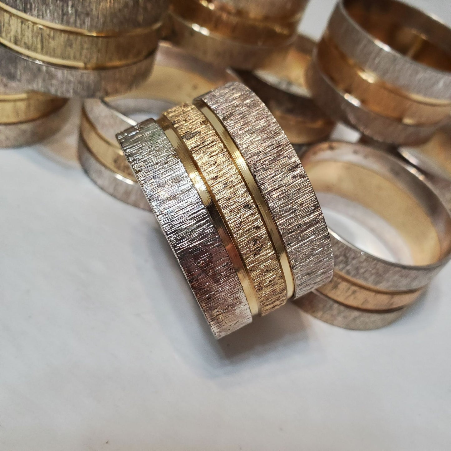 Vintage Chrome and Gold Tone Napkin Rings, Set of 12, Silver Textured Striped