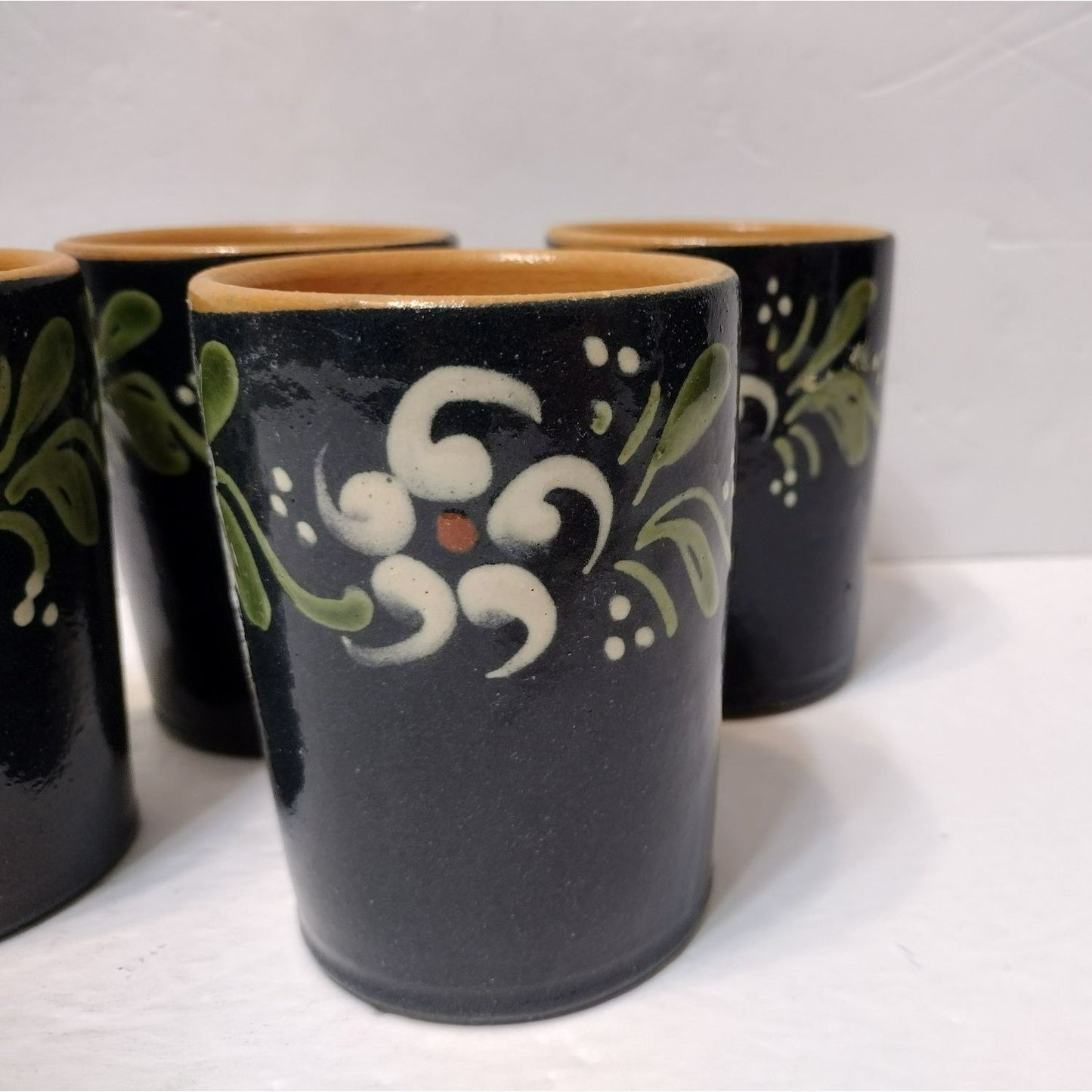 Alsace France Folk Art Pottery Cups, 4 pc, Vintage French Tumblers Blue Floral