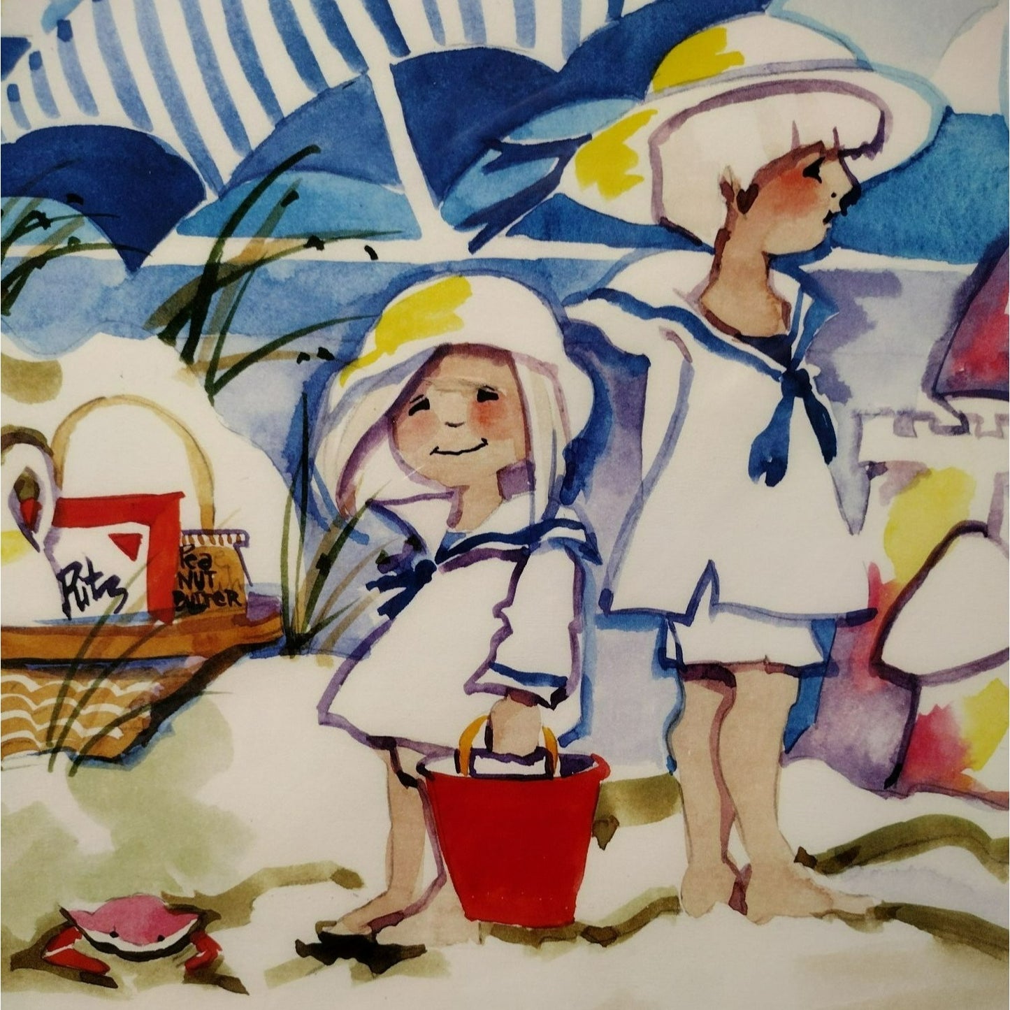 Signed Art Print by Diana Barnes, Matted Watercolor Artwork, Children on Beach