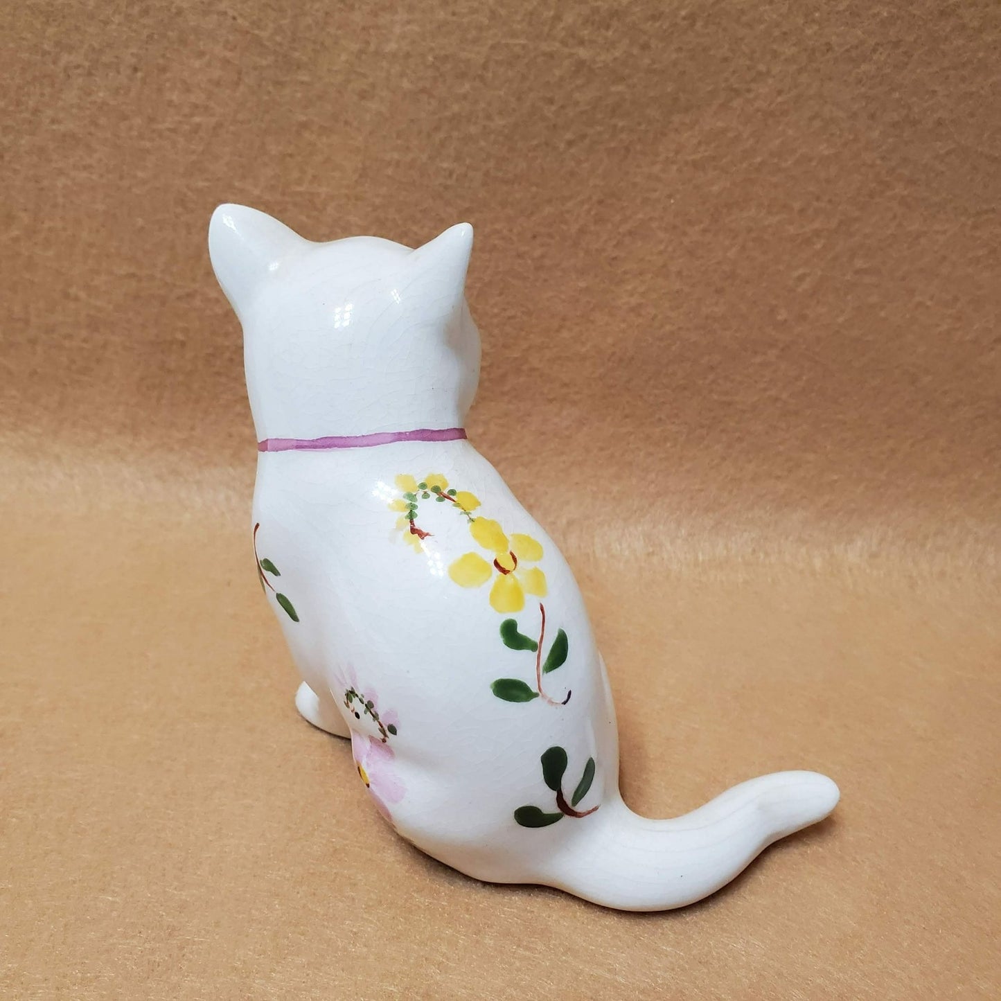 Vintage White Floral Cat Figurine, Pink Bow Hand Painted Flowers Blue Eye Kitten