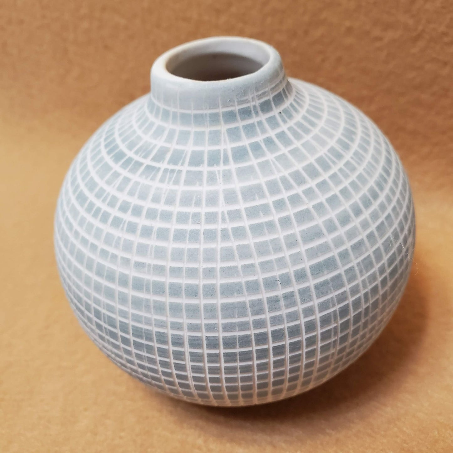 Small Bisque Porcelain Ceramic Bud Vase, Spherical, Engraved Checked Grey Blue