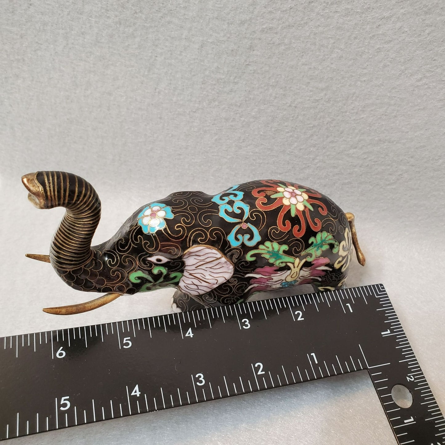 Vintage Cloisonne Elephant Figurine, Enamel, Upraised Trunk Up, Good Luck Statue