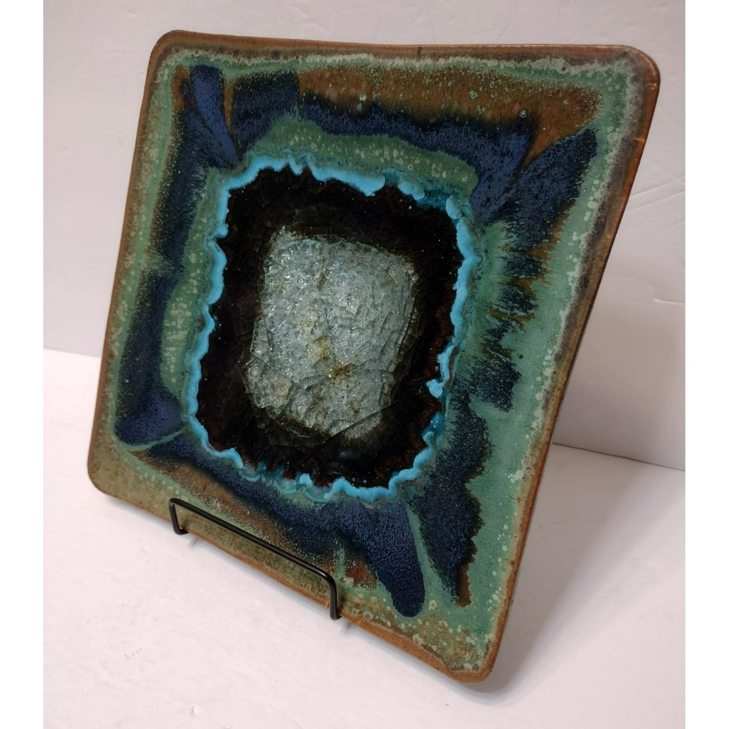 Dock 6 Pottery Plate Geode Crackle Glass Blue Green Square Large 9" Hand Crafted