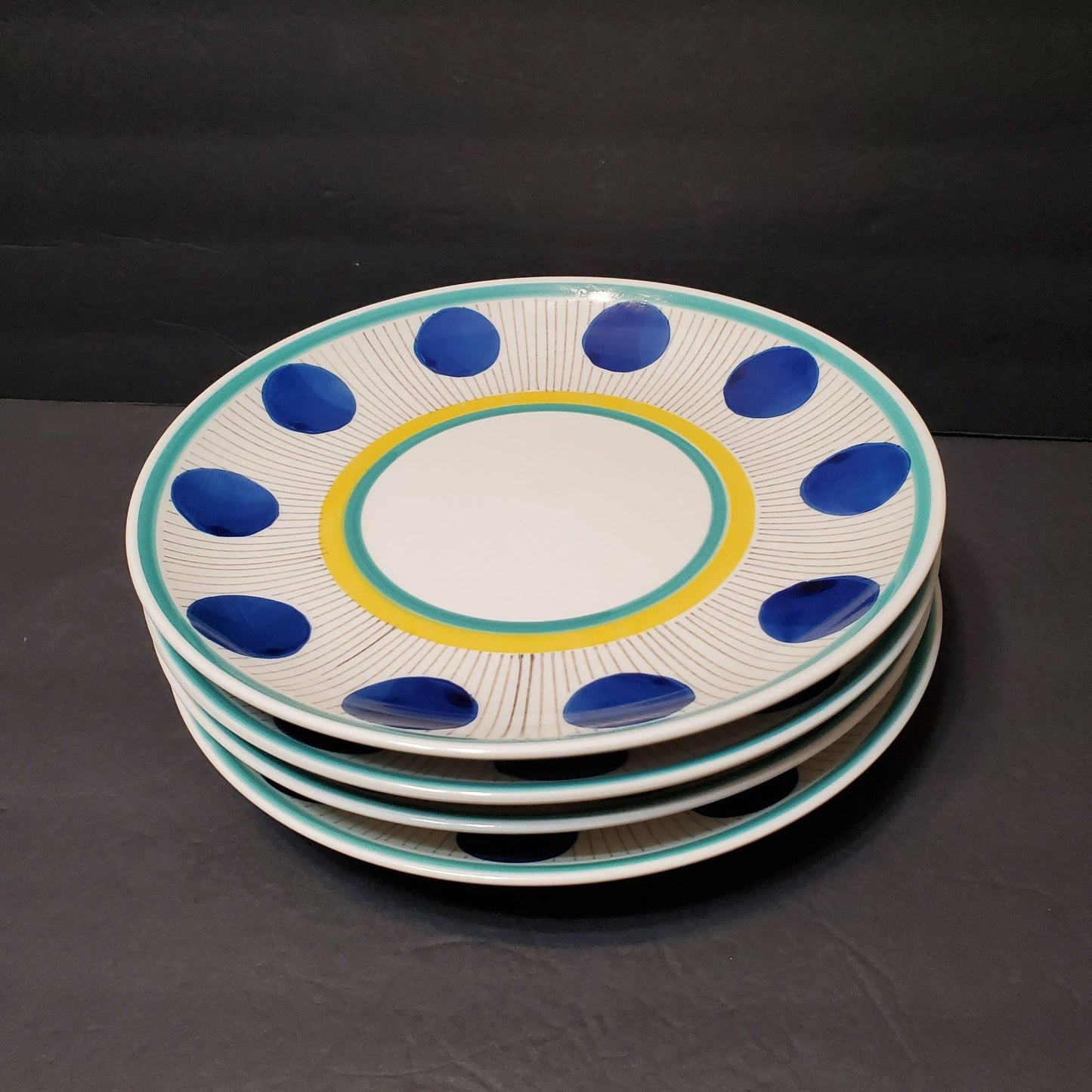 West Elm Hand Painted Dinner Plate, 10" Retro Blue Yellow Starburst Dots Stripes