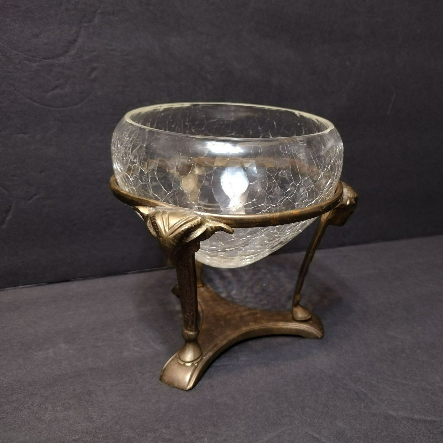 Vintage Crackle Glass Bowl in Ornate Brass Stand, Vase Gold Rams' Head Pedestal