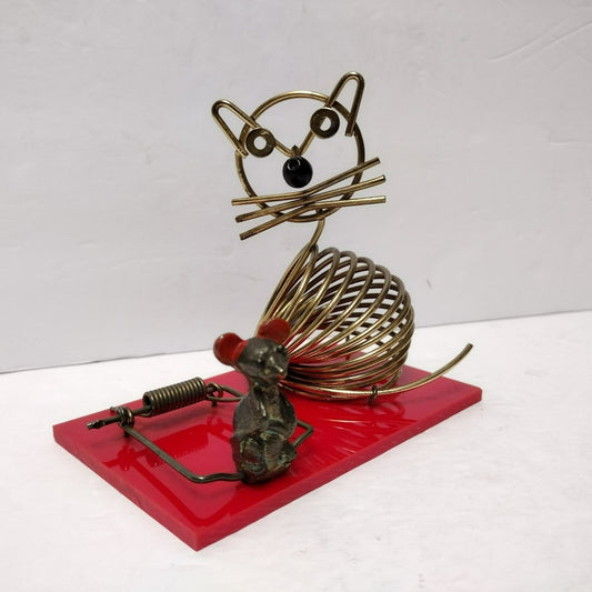 Vintage Cat & Mouse Mid Century Letter Holder, Mousetrap Whimsical Desk Decor