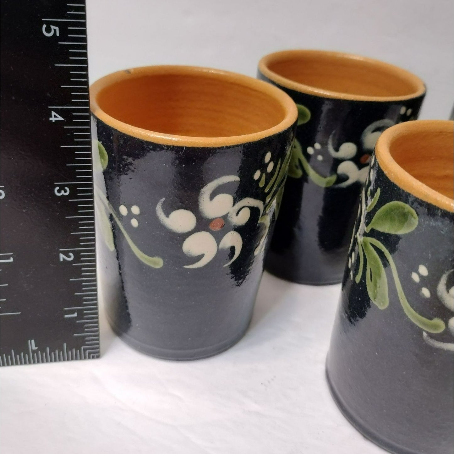 Alsace France Folk Art Pottery Cups, 4 pc, Vintage French Tumblers Blue Floral