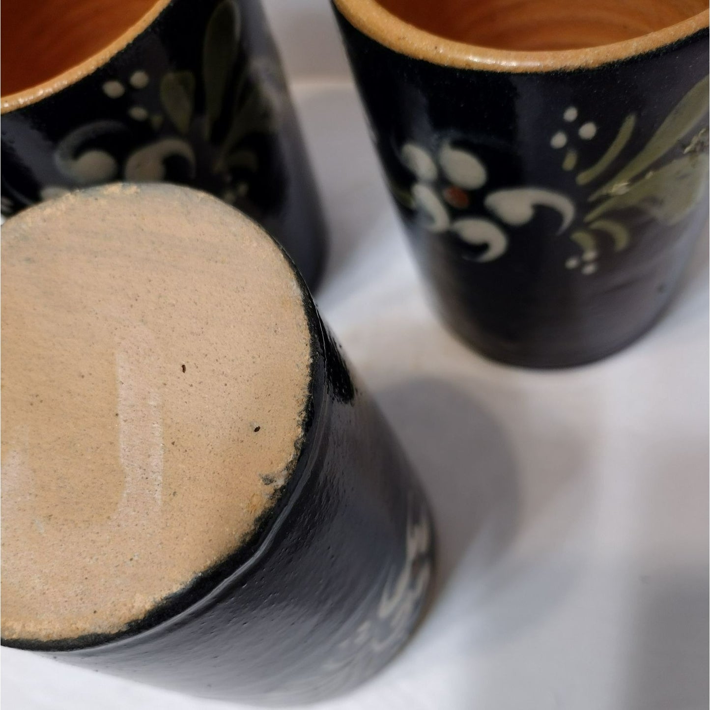 Alsace France Folk Art Pottery Cups, 4 pc, Vintage French Tumblers Blue Floral