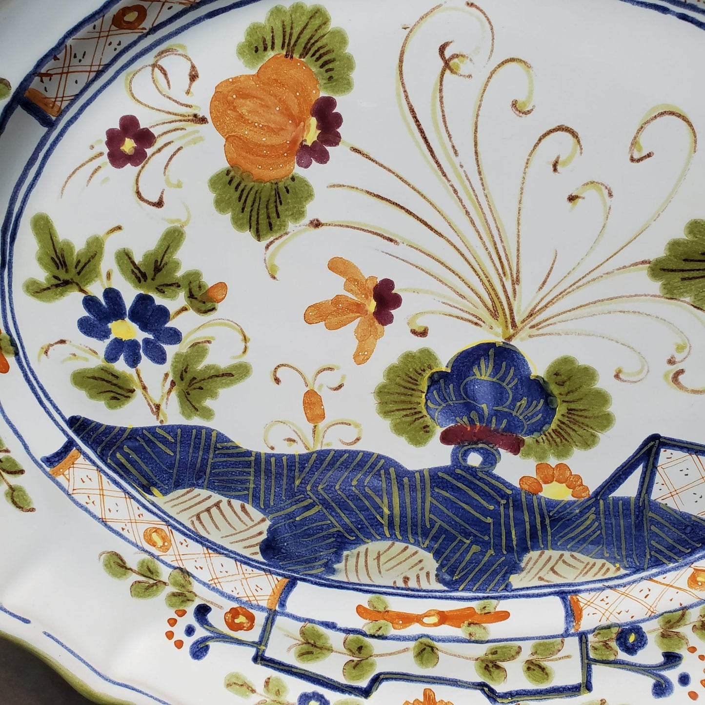 Garofano Antique Italian Platter 15" Faience Pottery Blue Carnation Faenza Style